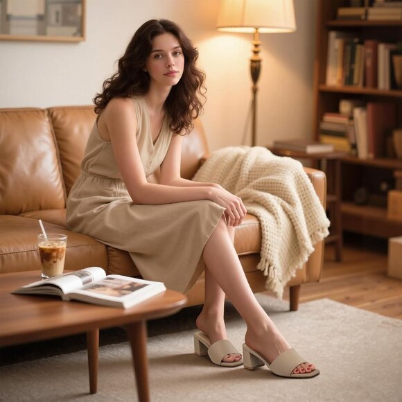 Women's Low Chunky Block Square Open Toe Tan Heeled Sandal Slip on Mules Shoes - Picture 5 of 7